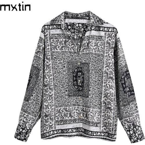 MXTIN 2021 Women Spring Fashion Print Single Breasted Blouses Vintage Lapel Collar Long Sleeve Female Shirts Blusas Casual Tops