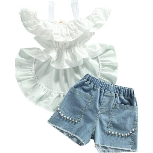 2-7 Y Girls Solid Color Clothes Set Sleeveless Irregular Hem Tops With Ruffles+Short Jeans With Faux Pearls White/Pink Casual