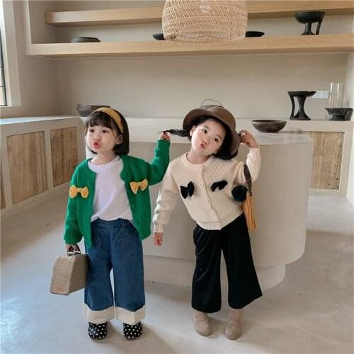 New Girls Sweater Babys Coat Outwear 2021 Bow Thicken Warm Winter Autumn Knitting Cardigan Jacket Long Sleeve Childrens Clothi