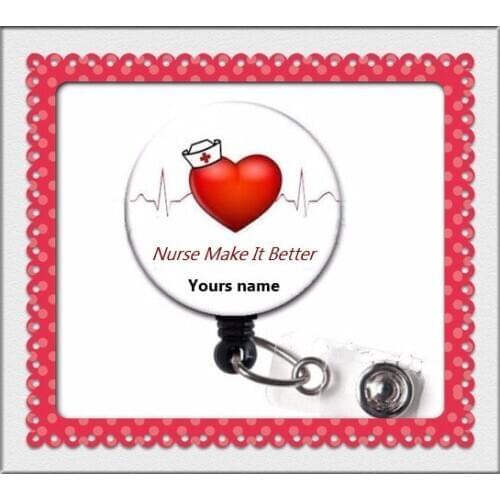 Personalized names Heart ID Badge Reel Holder Clip Holder Retractable Nurse Cute RN Medical