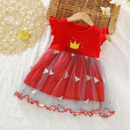 Girls Dress Summer 2021 Childrens Baby Clothes Korean Princess Dress Lace Baby Little Girl Pink Dress Crown 3Y Purple Red Blue