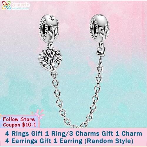 Smuxin 925 Sterling Silver Beads Heart Family Tree Safety Chain Charm fit Original Pandora Bracelets for Women Jewelry Making
