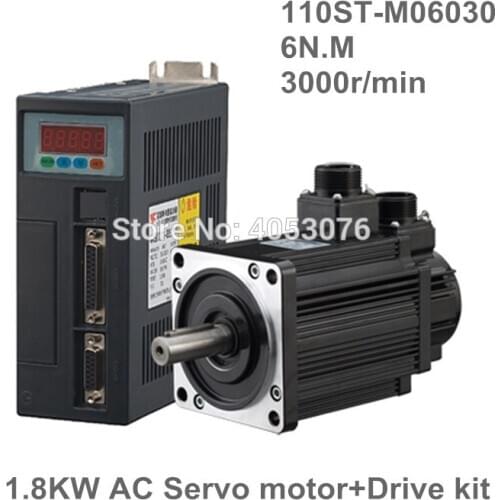 1.8KW AC Servo Motor 6N.M 3000RPM 110ST-M06030 AC Motor +Matched Servo Motor Driver+3M Cable Complete Motor kits High Quality