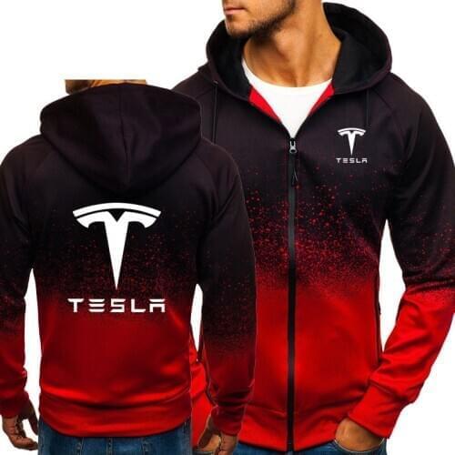 Hoodies Men Tesla Car Logo Print Casual HipHop Harajuku Gradient color Hooded Mens Fleece Sweatshirts zipper Jacket Man Clothing