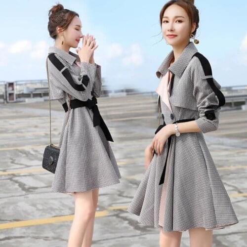 Mid-length Spring Autumn Women Trench Coat Fashion Womens Clothing Windbreaker Ladies Outerwear Houndstooth Waist Coat Tops