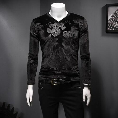 Streetwear Velvet V Lead Club Outfits Long Sleeve Luxury T Shirt Men Tee British Style Casual Top Hip Hop Social