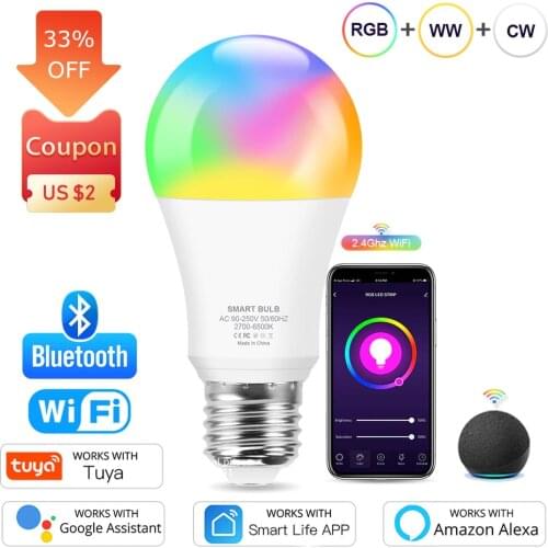 Tuya Bluetooth Smart Bulb RGB Lamp 15W E26 E27 Led Bulb Light Can Use Gateway Upgrade to WiFi Bulbs Works With Alexa/Google Home