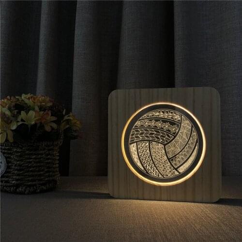 Volleyball Shape Sports 3D LED Arylic Wooden Night Lamp Table Light Switch Control Carving Lamp for Childrens Room Decorate