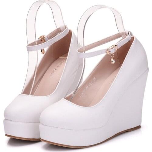 Designer women pumps PU Buckle Strap 10.8CM Wedges High Heels Round Toe waterproof Shallow zapatos de mujer women shoes black