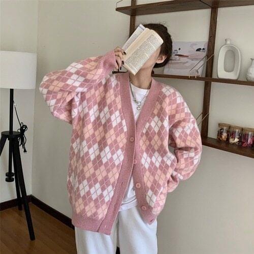 Argyle Cardigan Women Knitted Sweater Loose Single Breasted Students V-Neck Lovely Knitwear Korean Oversize Cardigan Winter Tops