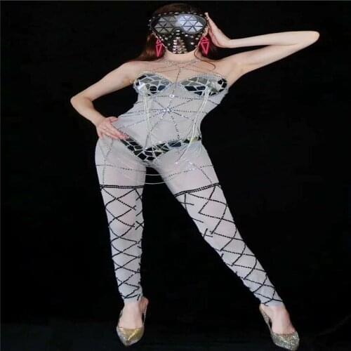 V84 Female sexy see-through rhinestones jumpsuit mesh mirror glass bodysuit crystal outfits bar stretch tights disco costumes
