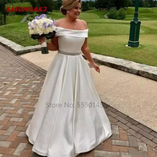 2020 Elegant Satin Wedding Dress Off Shoulder Beaded Floor Length Bridal Gowns Custom Made Vestido De Novia Robe Mariage Online