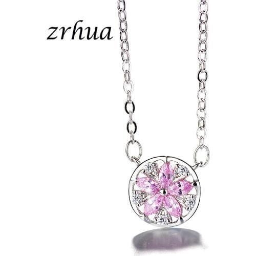 ZRHUA Real 925 Sterling Silver Necklace for Women Link Chain Round Flower Pendant Necklace Inlay White/Pink Zircon Choker