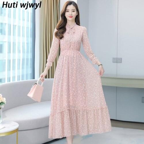 Spring Autumn Elegant Floral Chiffon Beach Dresses 2021 Oversize Vintage Print Boho Pink Dress Women Bodycon Party Maxi Vestidos
