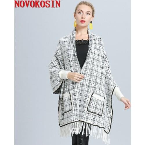 2020 Oversize Out Wear Soft Faux Mink Winter Knitted Houndstooth Poncho Women Cloak Female Long Sleeve Pocket Coat Vintage Shawl