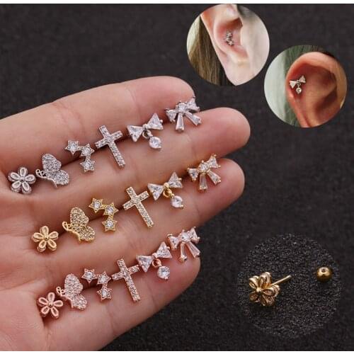 1Pc Silver Color Stainless Steel Butterfly Cross Ear Cartilage Helix Screw Back Earring Stud Tragus Rook Conch Piercing Jewelry