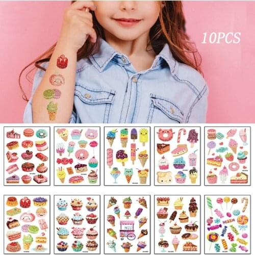 10PCS Childrens Cake Glitter Tattoo Stickers Children Waterproof Cute Dessert Ice Cream Disposable Temporary Tattoo Stickers