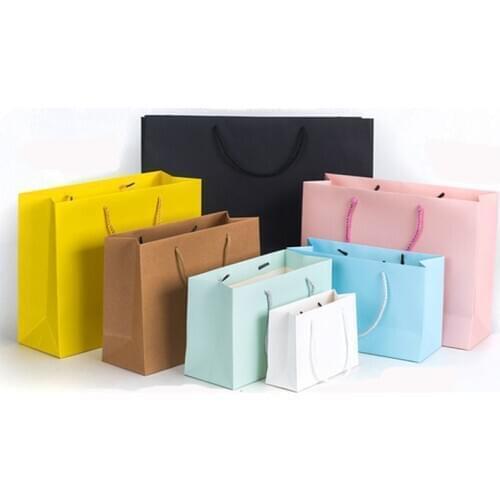 10 pcs Eco-Friendly Kraft Paper Gift Bags With Handles Clothes Shopping Bags Party Favor Cookie Packaging Bags Wholesale