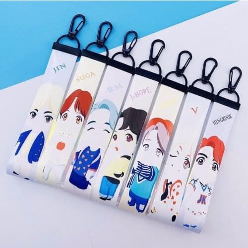 10pcs/lot Kpop Cartoon Mobile Phone Lanyard JUNGKOOK JHOPE V JIN RM SUGA JIMIN Hand Lanyard Colorful Laser Name Bar Toy Gift