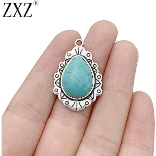 ZXZ 10pcs Tibetan Silver Water Drop Shape Turqupise Stone Charms Pendants for Necklace Bracelet Earring Jewelry Making 32x21mm