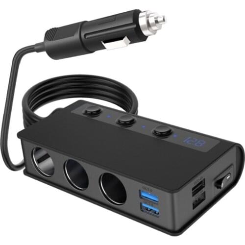 180W QC 3.0 Car Charger 12V/24V Cigarette Lighter Adapter with 3 sockets 6.6A 4-Port Quick Charge USB Outlet Switche and Display