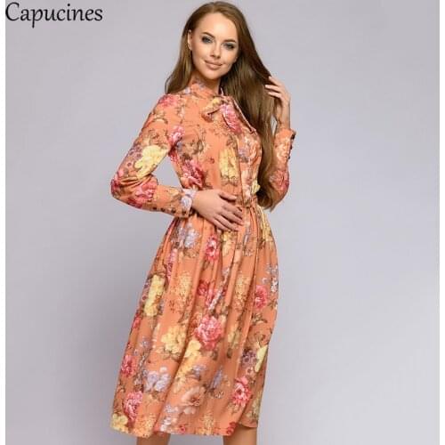 Capucines 2020 Vintage Bow Tie Printed Woman Dress Autumn Long Sleeves Sashes A-Line Casual Dresses For Women Clothes Plus Size