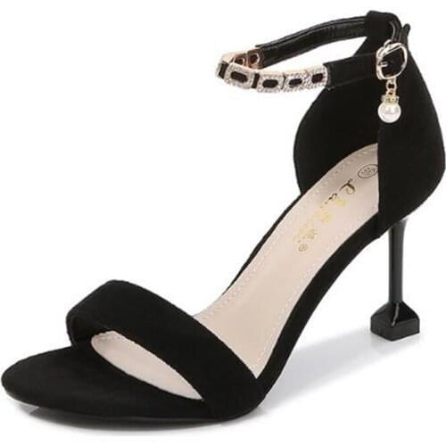 Fashion Thin Heel Sandals Shoes Women Round Toe Flock 6CM 8CM Thin High Heels Buckle Strap Shallow women shoes size 35-42 black