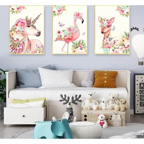 Nordic Decorative Picture Baby Bedroom Decoration Flower Unicorn Flamingo Canvas Poster Wall Art Nursery Print Canvas Painting