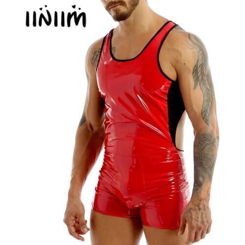 Mens Male Wetlook Costumes Leather Latex Color Block Backless Skin-Tight Jockstraps Short Exotic Sexy Bodysuit Party Clubwear