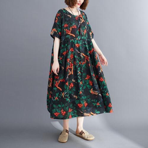 Plus Size Floral Print Summer casual Dress Women 2020 Cotton Ladies Dresses Loose Long Woman Elegant Vintage Dress Robe Femme