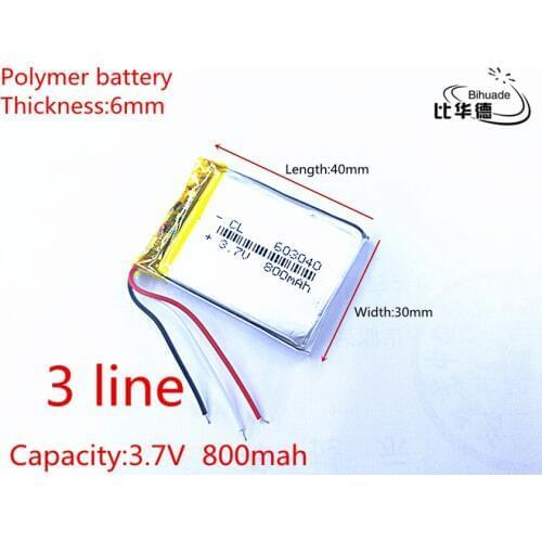 3 line 3.7V 800mAh 603040 Lithium Polymer LiPo Rechargeable Battery For Mp3 Mp4 Mp5 DIY