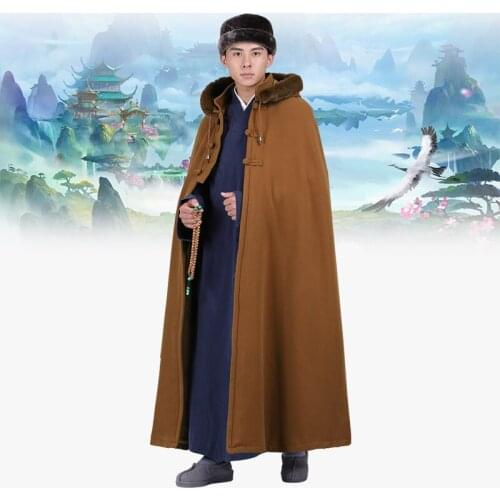 Monk zen robes Kung fu robes Meditation zen robes traditional chinese clothing for men Coldproof Cloak Long coat hooded cape