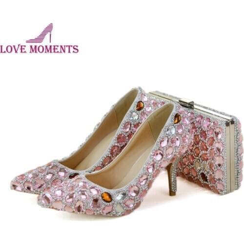 Sweet Pink Crystal Adult Ceremony Shoes with Matching Bag Set Girl Birthday Party Prom Shoes Pointed Toe Lady High Heels
