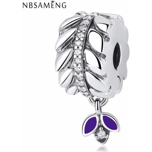 NBSAMENG 100% 925 Sterling Silver Bead Grains of Energy Clip Clear CZ Purple Charms Fit Original Bracelets Women Jewelry
