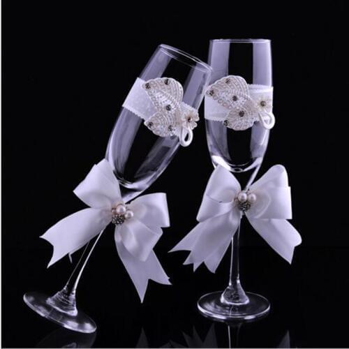 New 1 pair/lot wedding pearl leaf wedding wine cup Champagne Toasting Glasses Set Wedding Bridal Shower Gift