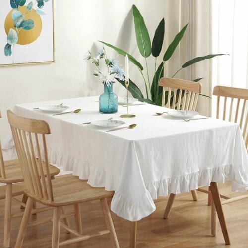 European style Cotton Linen Tablecloth Solid Color Flounced Rectangle Dining Table Cloth Washable Thick Fabric Tea Table Cover