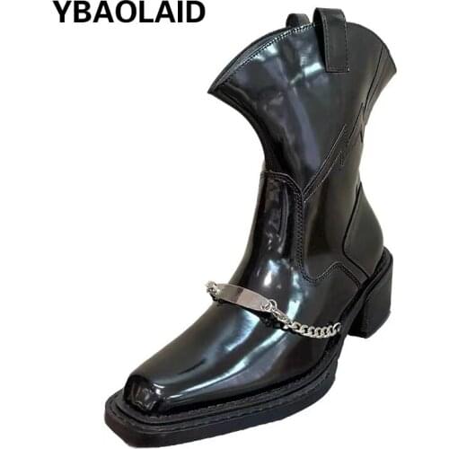 Solid Color Mid-heel Martin Boots New British Style Dark Black Square Toe Thick Heel Sleeve Metal Chain Chelsea Ankle Boots