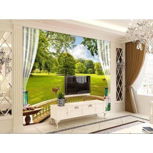 Custom 3d wallpaper European style balcony forest grassland scenery deer background wall mural 3d wallpaper