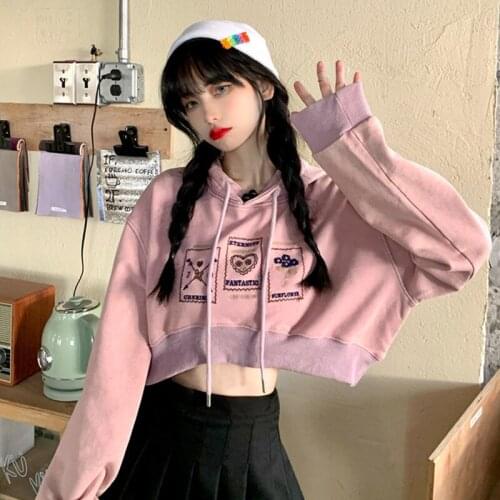 QWEEK Harajuku Egirl Y2k Croped Hoodies Women Streetwear Korean Fashion Long Sleeve Crop Top Kpop Alt Clothes Ins Pullover 2021