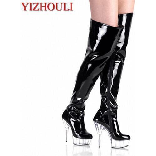 15cm ultra high heels boots barreled crystal platform japanned leather performance shoes plus big size 6 inch Dance Shoes