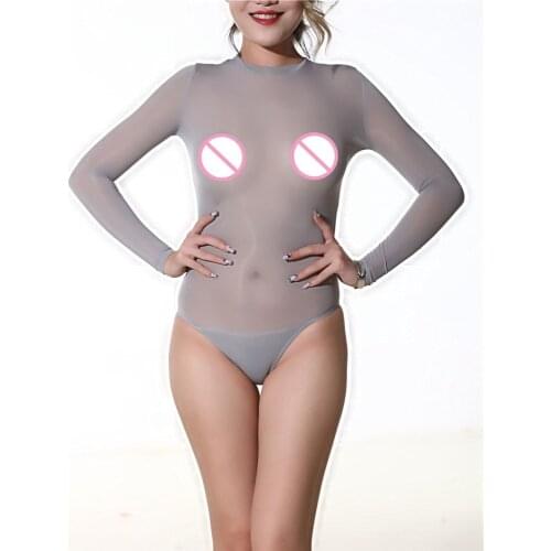 Ice Silk See Through High Cut Long Sleeve Bodysuit Tights Body Shaping Bodystocking Sexy Hot Lingerie Body Tops Leotard Catsuit
