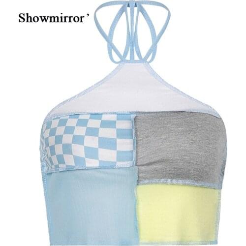 Showmirror Partchwork Halter Vest 2021 Crop Top y2k 2 Pieces Tops Female clothing Women Summer Kawaii Pink Baby Blue blusas