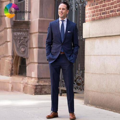 Navy Blue Classic Men Suits for Business Terno Masculino Slim Fit Groom Tuxedos 2 Pieces Male Blazers Jacket Pants Costume Homme