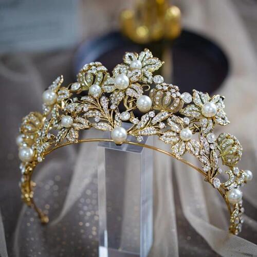 Baroque Gold Brides Crystal Tiaras Crowns Pealrs Bridal Headpieces Evening Hair Jewelry