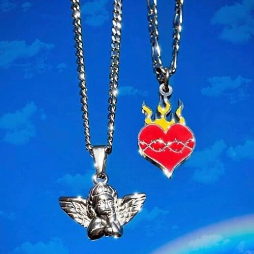 Vintage Flame Heart Angel Metal Pendant Necklace For Women Men Punk Cool Party Gifts Harajuku Choker Necklace Trendy Jewelry New