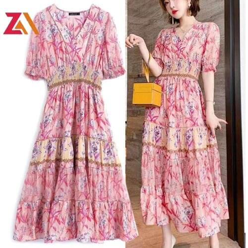 ZALady Bohemian Summer Women Chiffon Long Dress short Sleeve Elastic High Waist Floral Print Beach lady midi Dresses Robe Mujer
