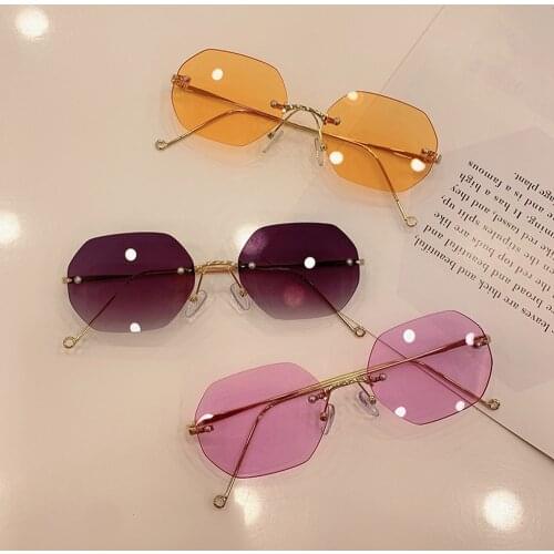 Womens Small Frameless Irregular Sunglasses Fashion 2021 Luxury Designer Metal Temple Iconic Travel Shades Glasses Rectangle UV