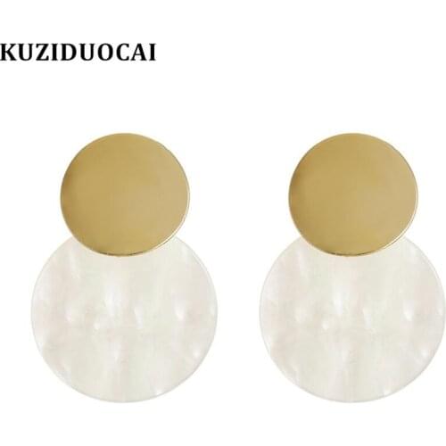 Kuziduocai New Fashion Jewelry Metal Curved Surface Round Cameo Shell Statement Stud Earrings For Women Brincos Pendientes E-129