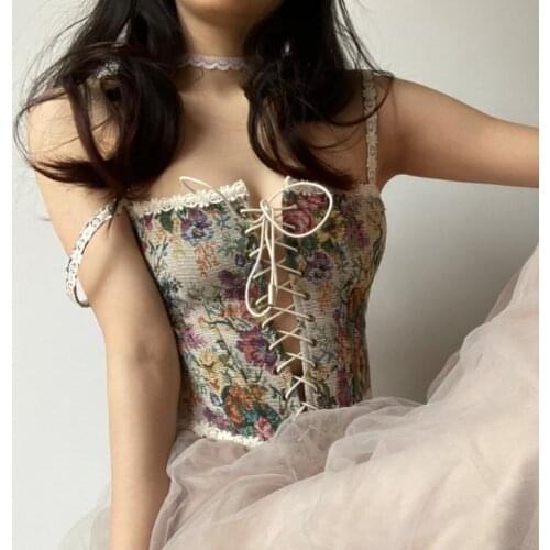 Vintage Corset Crop Top Women Bustier Top Sexy Floral Tank Top Women Flower Camisole Tanks