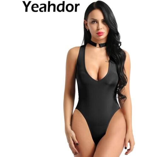 Women One Piece Sexy See Through Sheer Deep V Lingerie Bodysuit Necklace Collar Sleeveless High Cut Thong Crothless Leotard